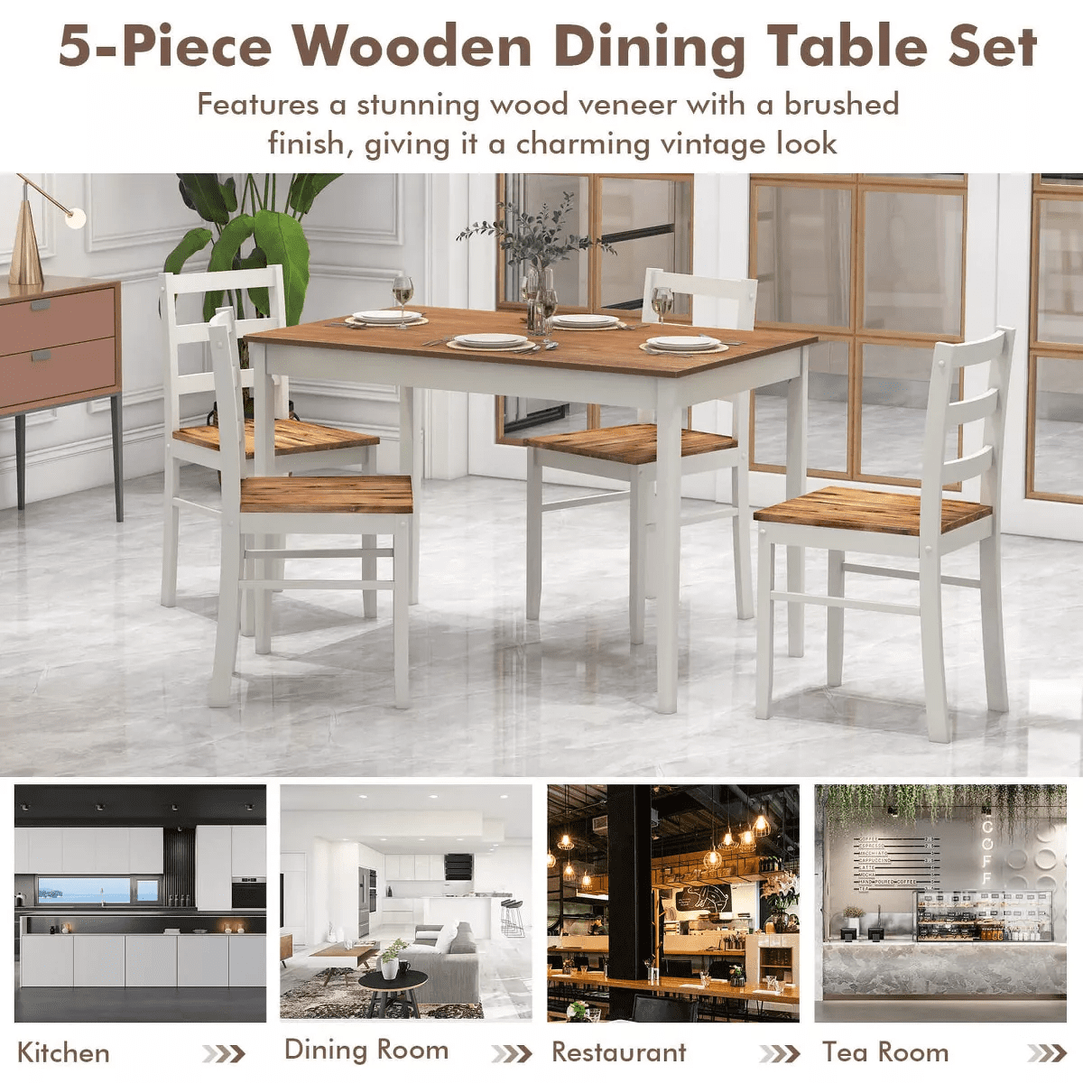 Costway 5-Piece Dining Set Solid Wood Kitchen with Rectangular Table & 4 Chairs Natural/Coffee/Grey - Image 9