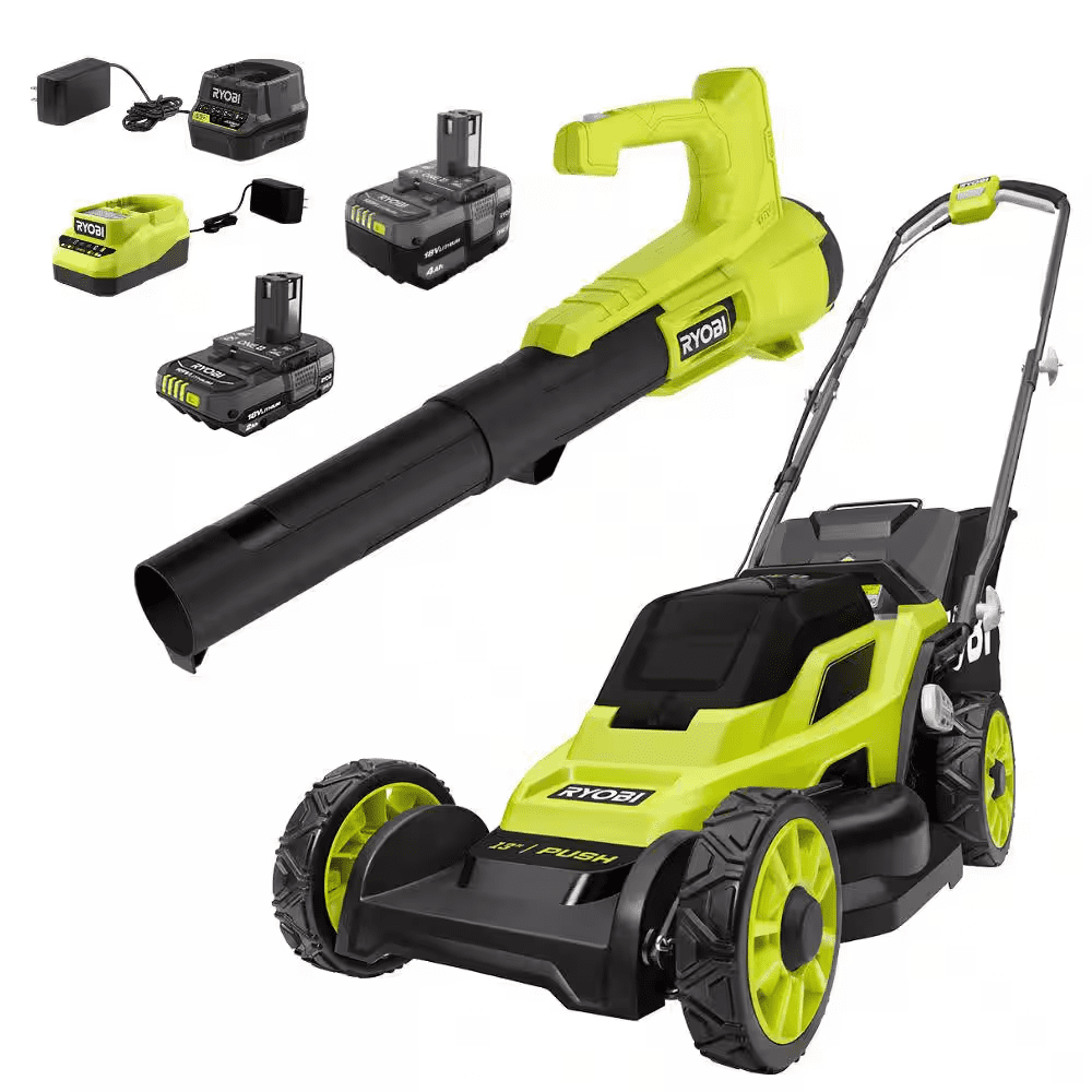 ONE+ 18V 13 In. Cordless Battery Walk behind Push Lawn Mower and 250 CFM Blower with (2) Batteries and (2) Chargers