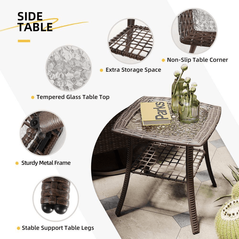 3-Piece Patio Outdoor Brown Wicker Swivel Rocking Chair Set with Side Table and Beige Cushions - Image 5