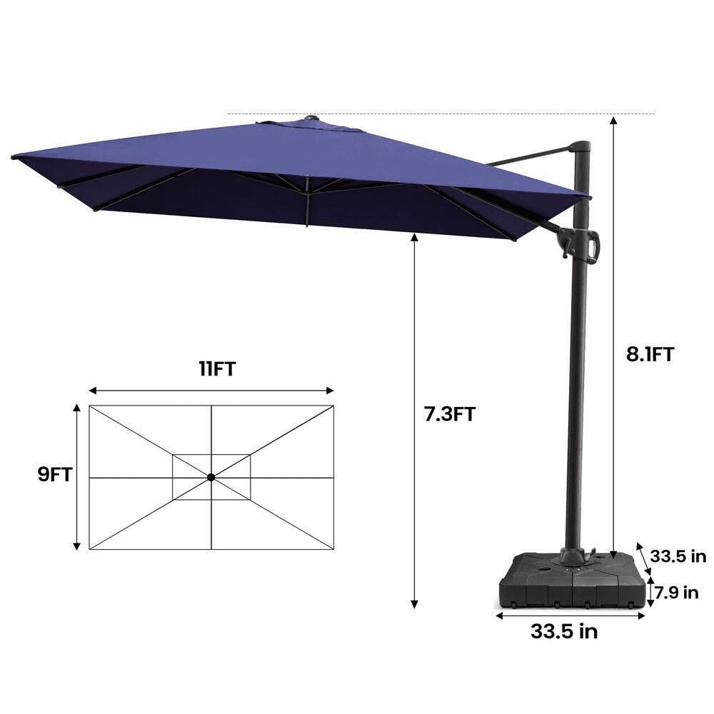 11 Ft. X 9 Ft. Rectangular Aluminum Offset 360° Rotation Cantilever Patio Umbrella in Navy Blue, 260 Lbs. Umbrella Base - Image 4