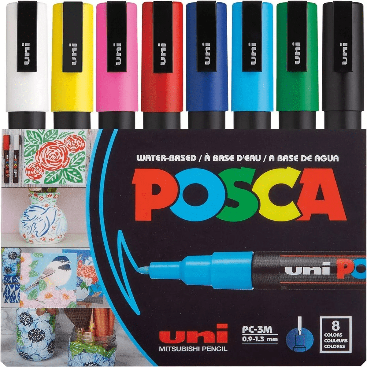Uni POSCA 8Pk PC-3M Water Based Paint Markers Fine Tip 0.9 -1.3Mm in Assorted Colors