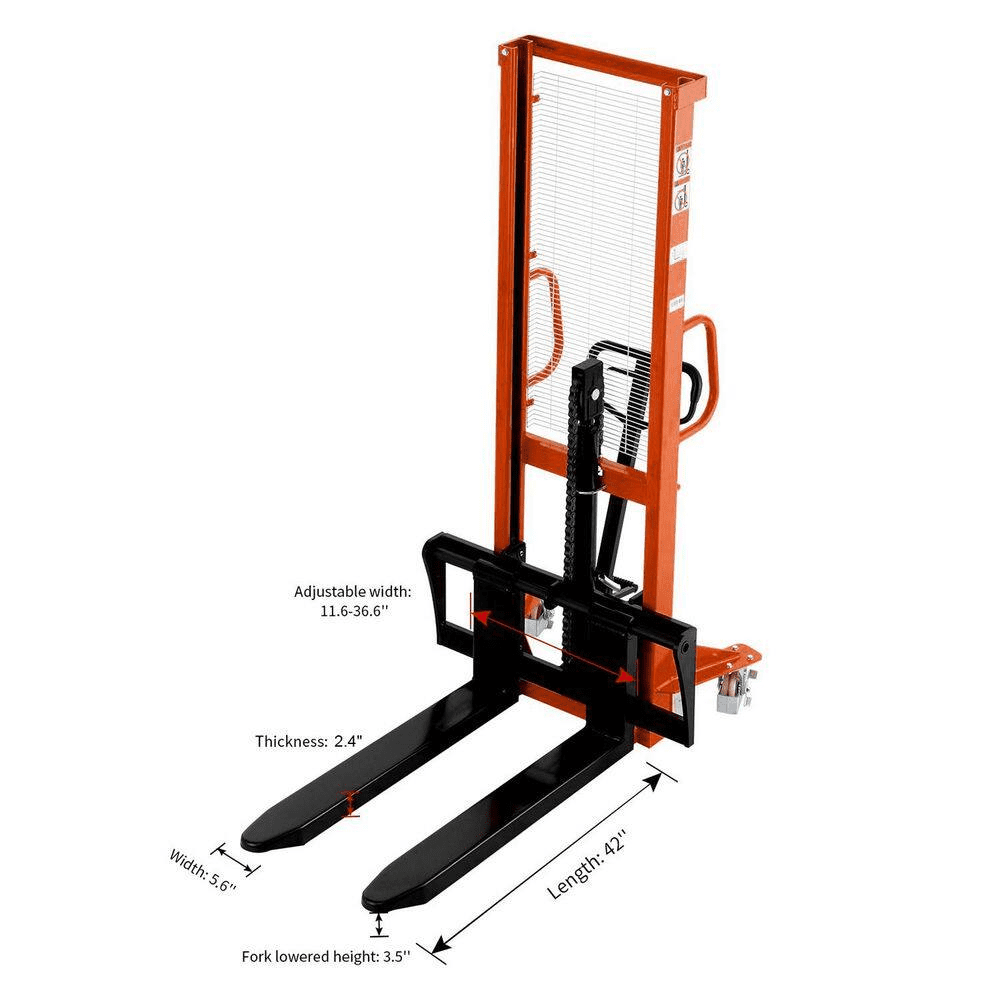 2200 Lbs. Fixed Legs Manual Pallet Stacker 63 In. Max Lifting Hand Pallet Stacker with Adjustable Forks Orange - Image 7