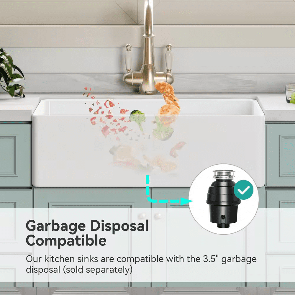 White Fireclay 33 In. Single Bowl Kitchen Sink Farmhouse Apron Front with Bottom Grid and Strainer - Image 5