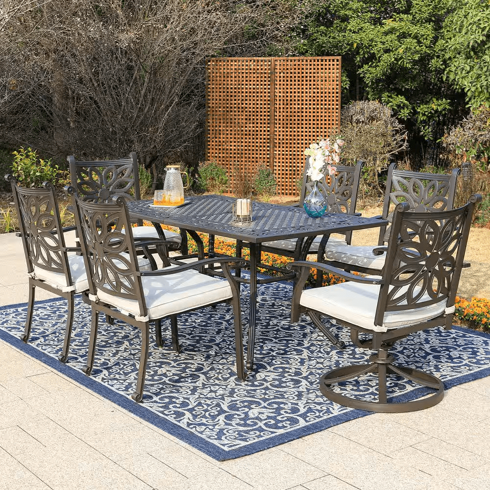 Brown 7-Piece Cast Aluminum Patio Outdoor Dining Set with Rectangle Table and Dining Chairs with Beige Cushion - Image 2
