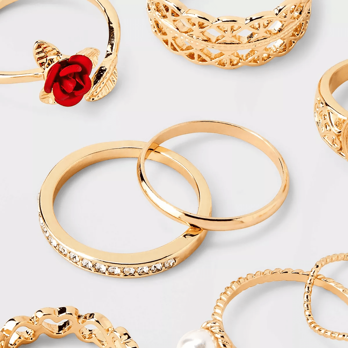 Pearl Heart and Rose Multi Ring Set 8Pc - Wild Fable™ Gold: Zinc Band, Stacking, Statement - Image 2