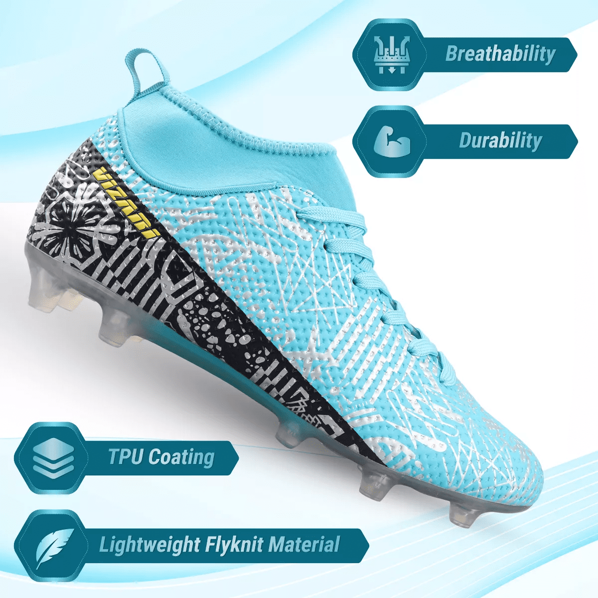 Vizari Saco MC Adult Soccer Cleats for Outdoor Play | Mid-Cut High Ankle Football Shoes with Sock | Professional Spikes High Top Football Cleats | Transparent Studs Soccer Cleats - Image 2