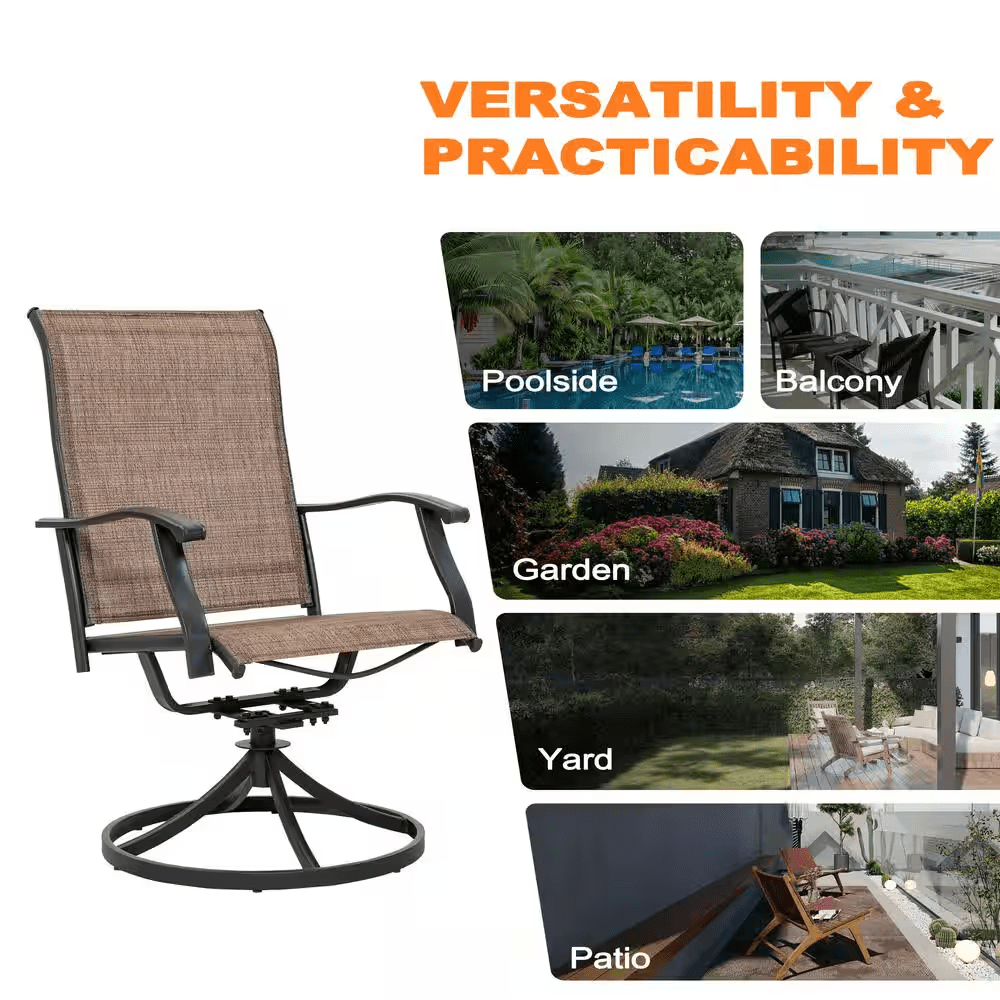 2-Piece Swivel Steel Sling Outdoor Patio Dining Chairs, Brown - Image 5
