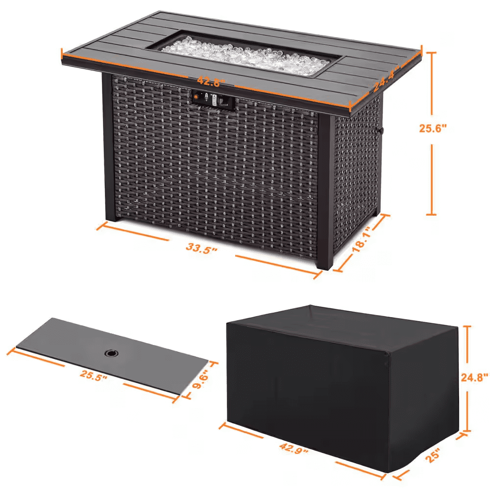 Brown 43 In. 50000 BTU Rectangular Wicker Aluminum Propane Gas Outdoor Fire Pit Table with Removable Lid Fire Glass - Image 2