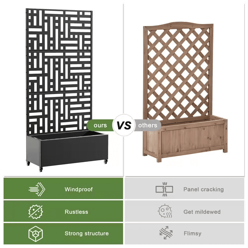 72 In. X 35 In. Black Outdoor Metal Privacy Screen Raised Planter Box Wall Decor - Image 8