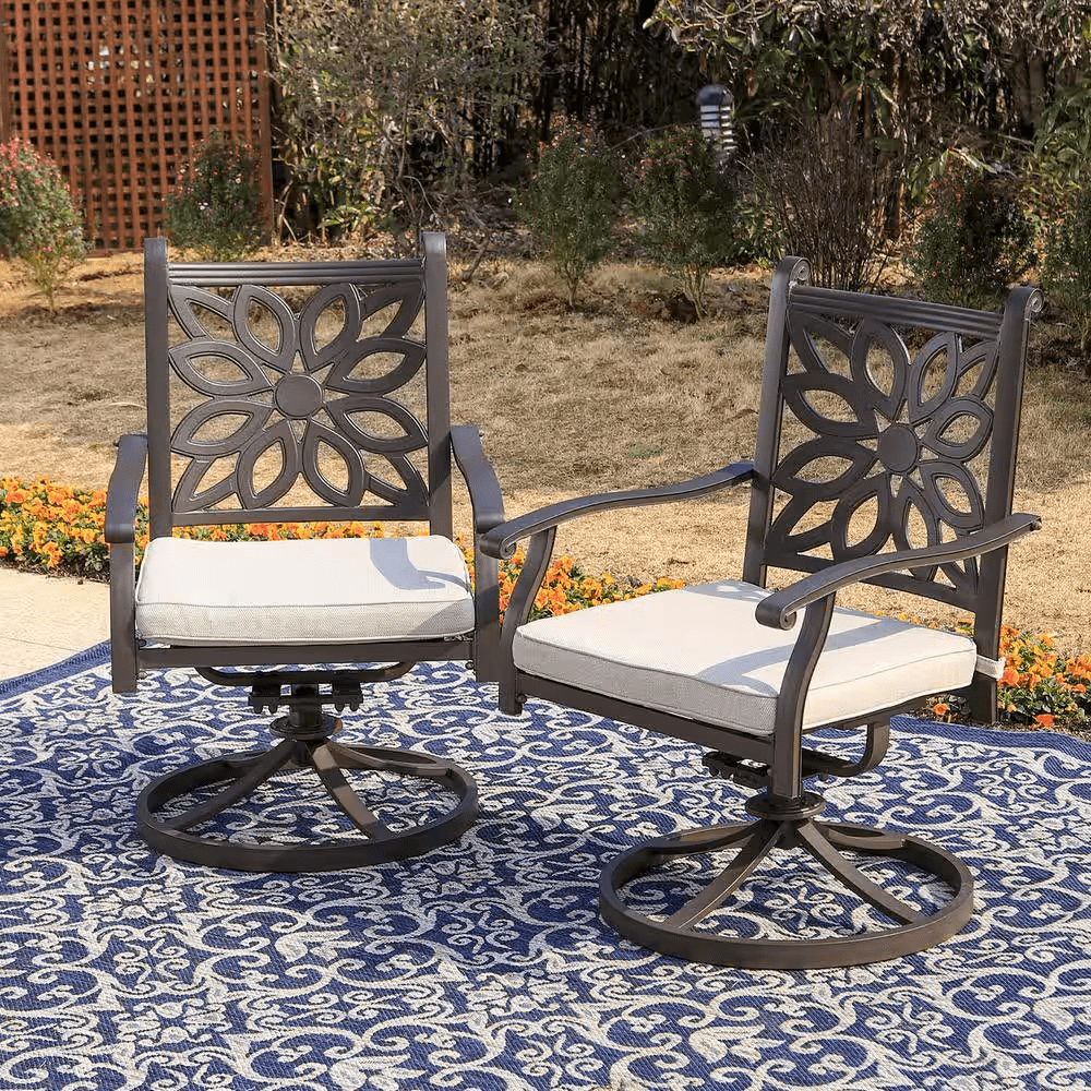 Brown 7-Piece Cast Aluminum Patio Outdoor Dining Set with Rectangle Table and Dining Chairs with Beige Cushion - Image 3