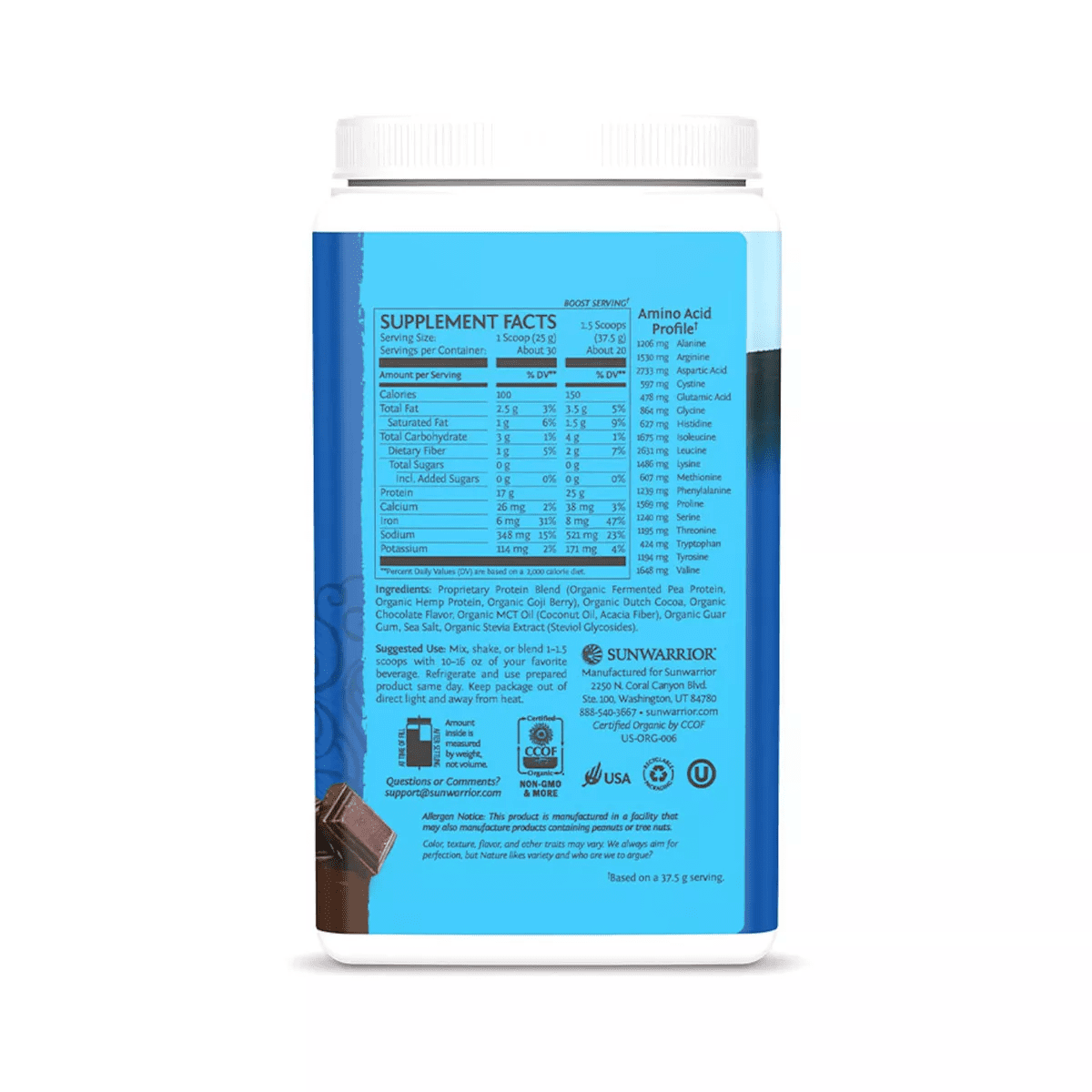 Warrior Blend Protein, Vegan Plant-Based Organic Protein Powder, Chocolate, Sunwarrior, 750Gm (30 Servings) - Image 2