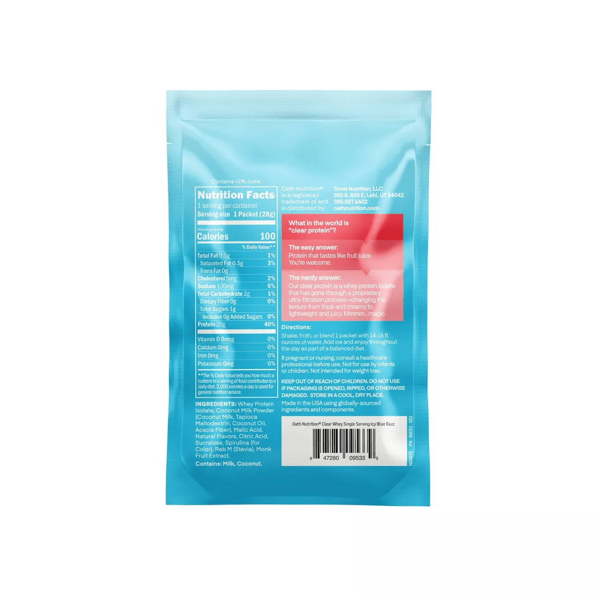 Oath Nutrition Single Serve Clear Protein Powder - Icy Blue Raspberry 0.9Oz: Gluten-Free Whey Isolate, 20G Protein - Image 2