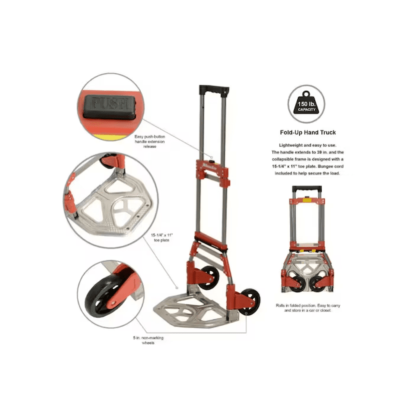 150-Lb Capacity 2 -Wheel Red Steel Folding Hand Truck - Image 7