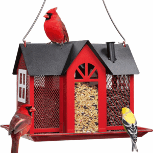 Weatherproof Metal Bird Feeder House, Triple Feeders for outside Finch Cardinal, Red