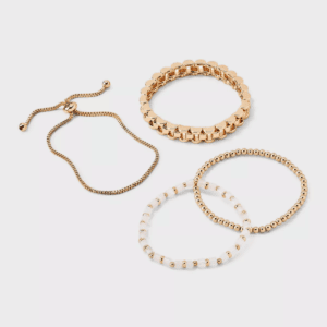 Mixed Bead and Chain Semi-Precious Rose Quartz Bracelet Set 4Pc - Universal Thread™ Light Pink: Iron, Acrylic, Zinc Alloy