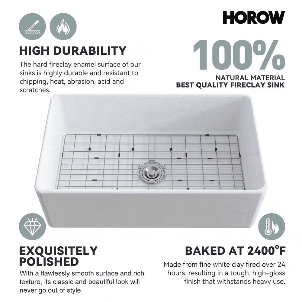 White Fireclay 33 In. Single Bowl Kitchen Sink Farmhouse Apron Front with Bottom Grid and Strainer - Image 7