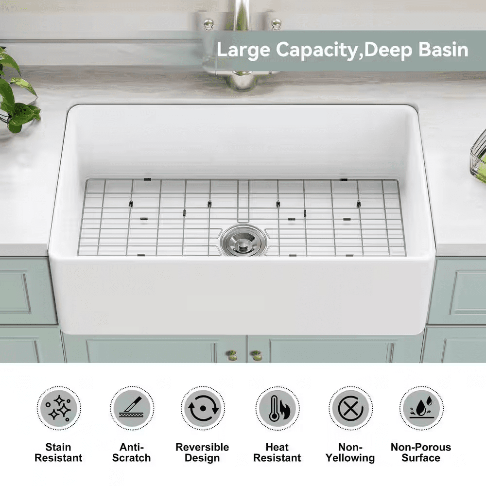 White Fireclay 33 In. Single Bowl Kitchen Sink Farmhouse Apron Front with Bottom Grid and Strainer - Image 3