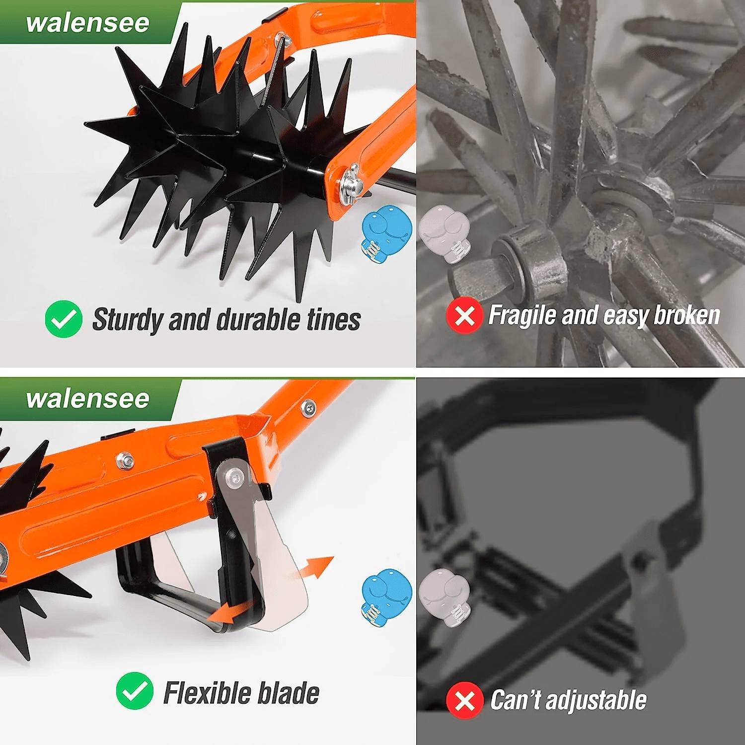 Rotary Cultivator Tool, Adjustable Garden Hand Tiller with Stainless Steel Pole, 2-In-1 Garden Weeder and Crumbler Soil Cultivator Tool with Weeding Knife for Soil Mixing or Reseeding Grass - Image 5