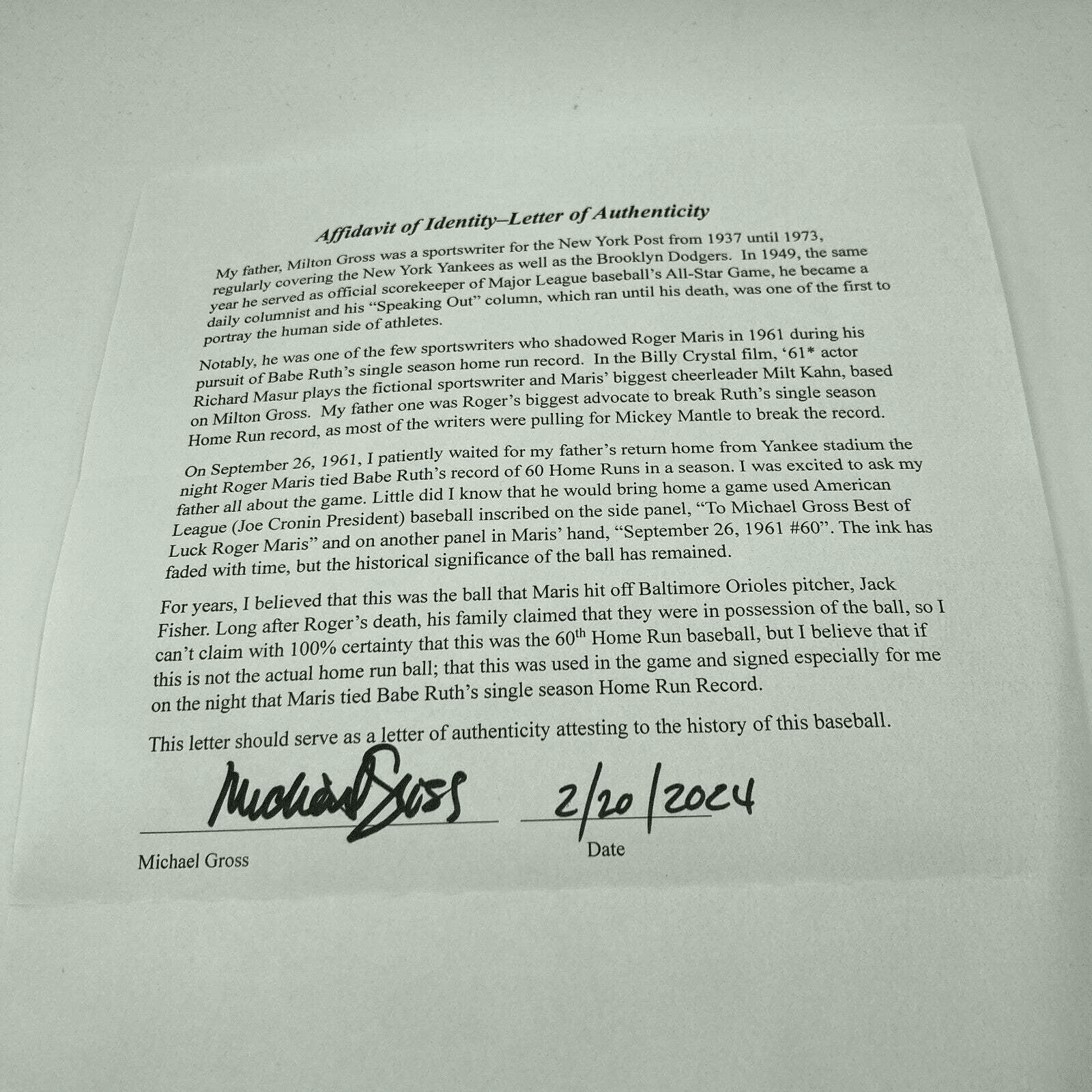 Roger Maris 60Th Home Run Signed Game Used Baseball Ties Babe Ruth PSA DNA COA - Image 6