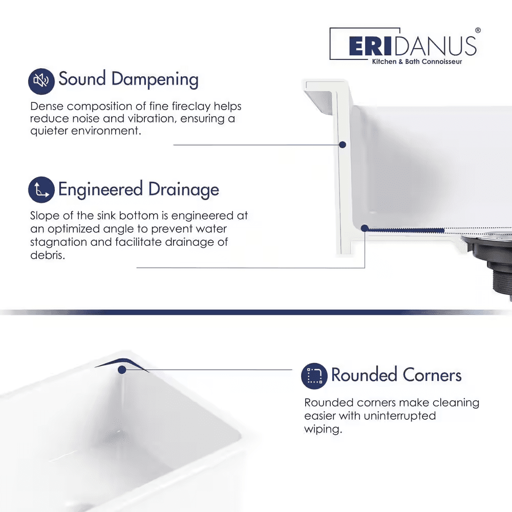 Oslo 24 In. Undermount Single Bowl White Ceramic Kitchen Sink with Bottom Grid and Basket Strainer - Image 6