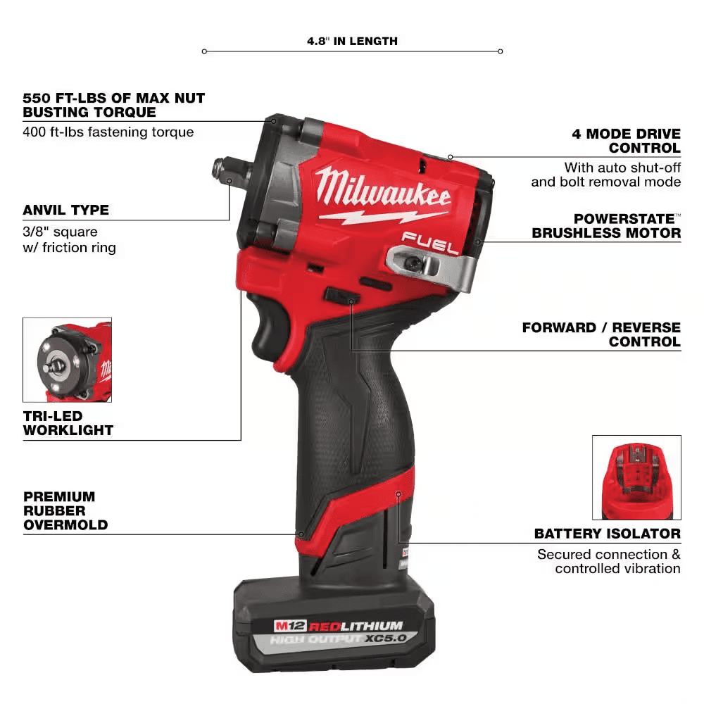 M12 FUEL 12V Lithium-Ion Brushless Cordless Stubby 3/8 In. Impact Wrench (Tool-Only) - Image 3