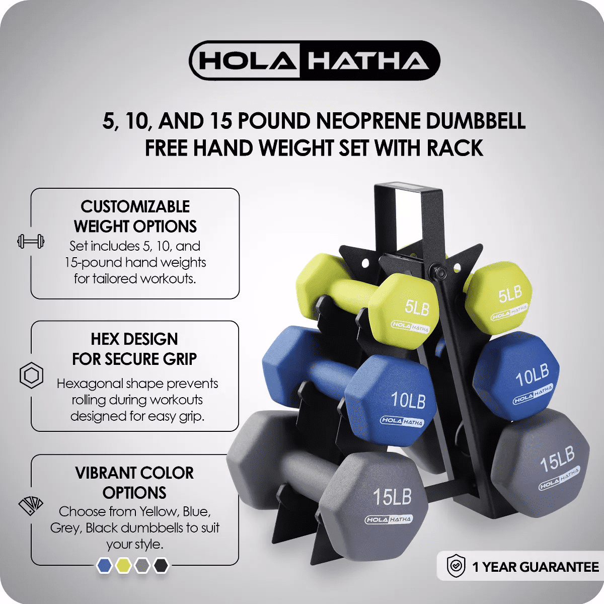 Holahatha 5, 10, and 15 Pound Neoprene Dumbbell Free Hand Weight Set with Rack - Image 2