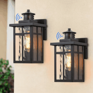 11.75 In. Matte Black Motion Sensing Dusk to Dawn Outdoor Hardwired Wall Lantern Sconces with Water Glass(2-Pack)