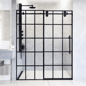 Elan 68 to 72 In. W X 74 In. H Sliding Frameless Shower Door in Matte Black with 3/8 In. (10Mm) Clear Grid Glass