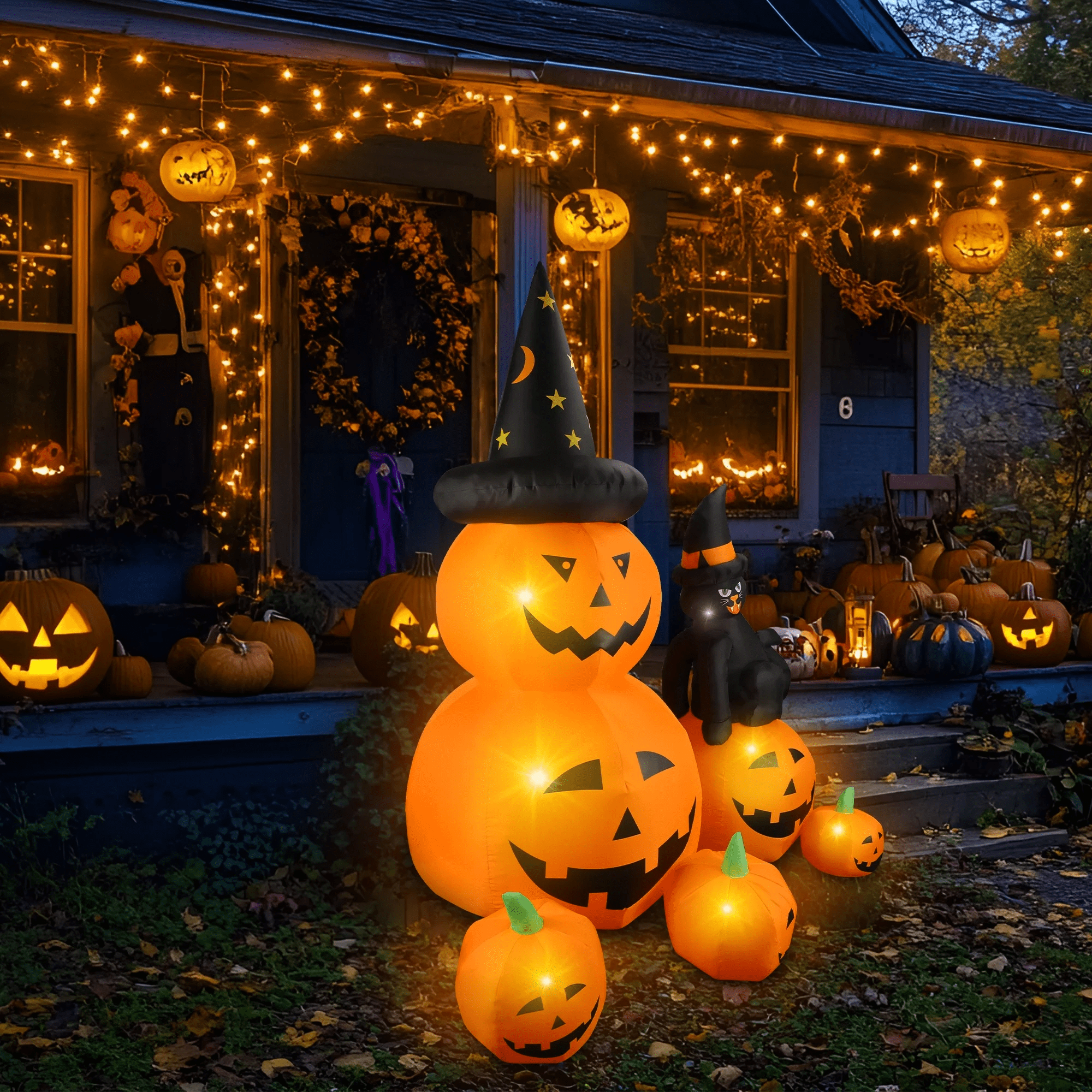 6 FT Halloween Inflatable Pumpkin Halloween Inflatable Pumpkins and Cat Outdoor Yard Decoration Build-In 7 LED White Lights - Image 2