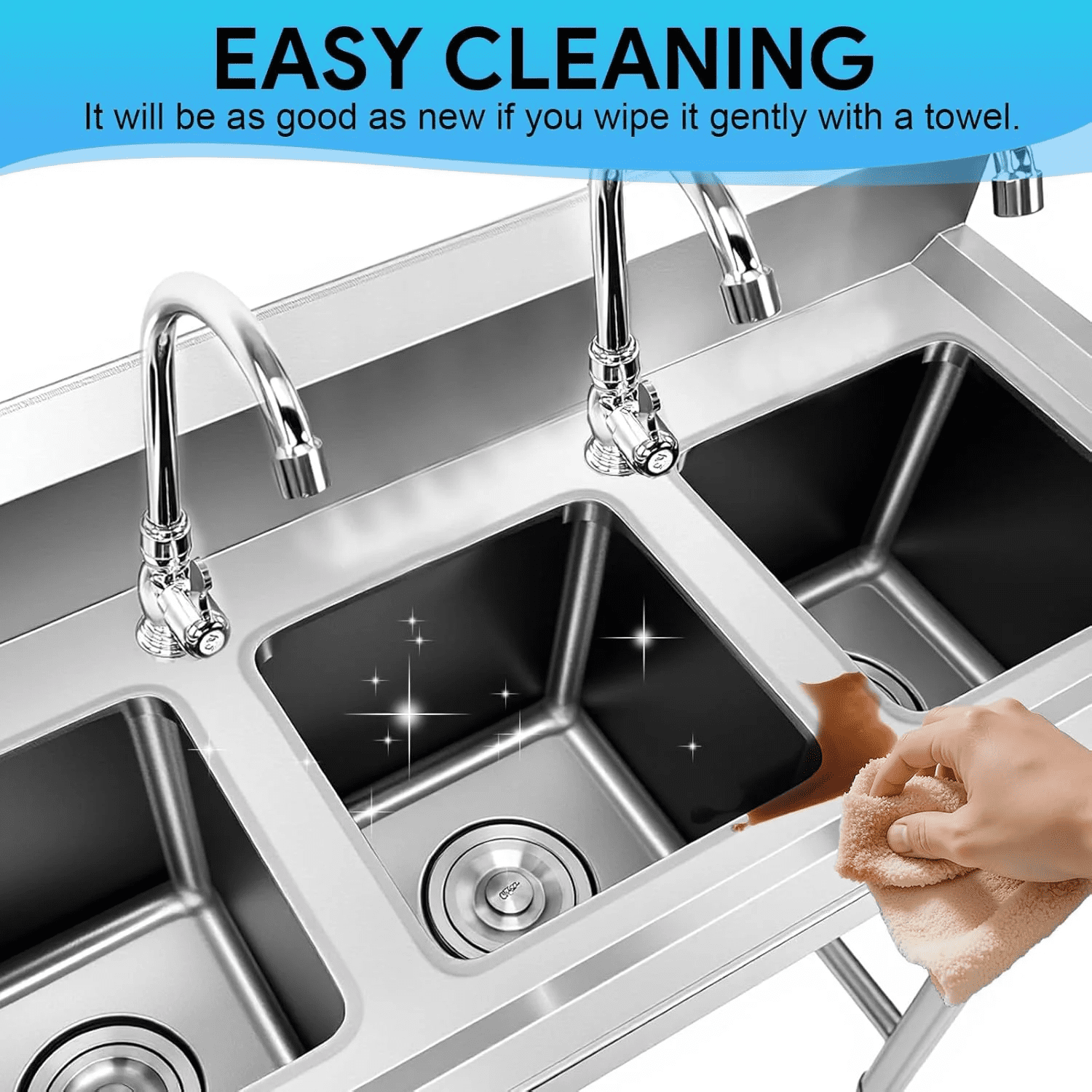 3-Compartment Sink, 39'' X 18'' X 36'' Stainless Steel Utility Sink, Free Standing Three Bowl Kitchen Sink Set with 2 Faucets Hot & Cold Water Pipes for Food Truck, Bar, Restaurant - Image 6