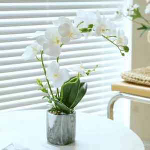 13.5 In. White Indoor Artificial Orchids in Gray Pot