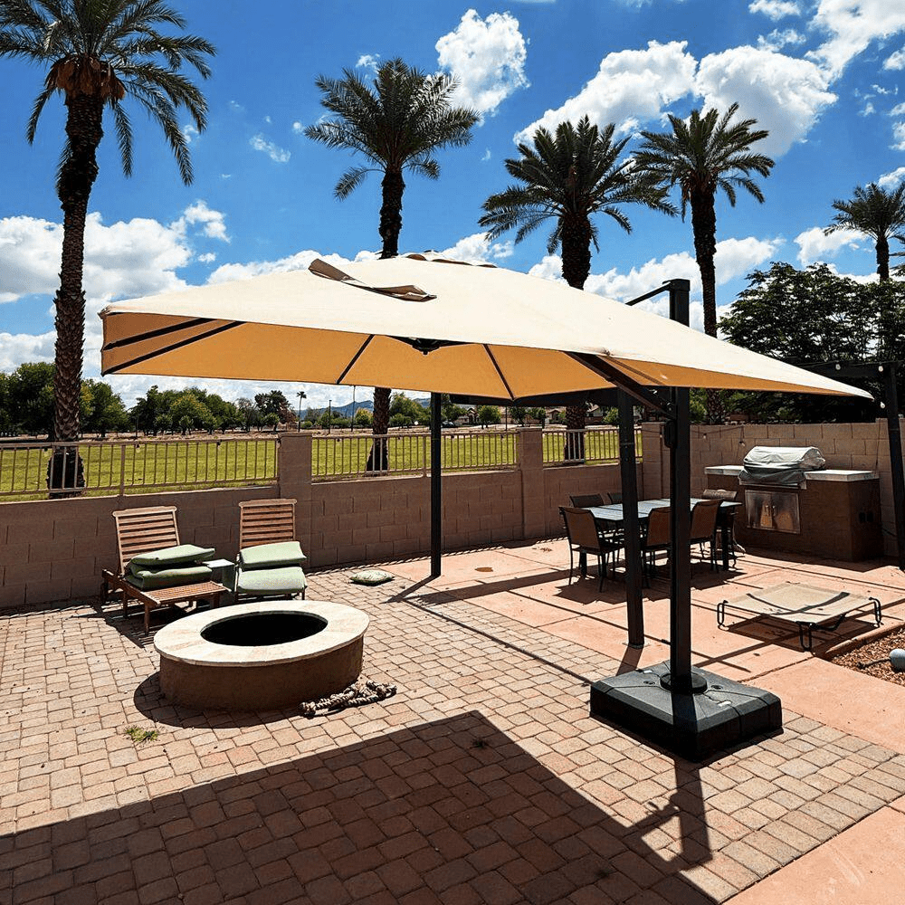 10 Ft. Square Large Outdoor Aluminum Cantilever 360-Degree Rotation Patio Umbrella with Base, Beige - Image 2