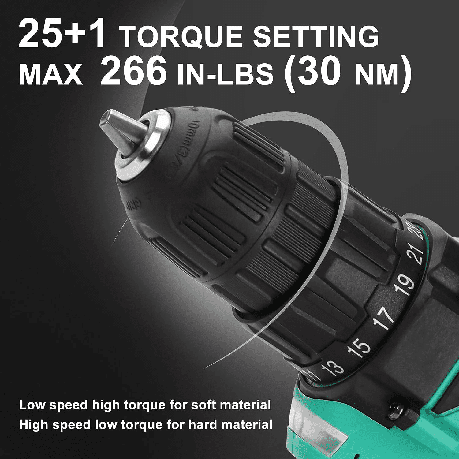 20V Cordless Drill, Electric Power Drill Set with 1 Battery & Charger, 3/8" Keyless Chuck, 2 Variable Speed & LED Light, 266 In-Lb Torque, 25+1 Position and 34Pcs Drill/Driver Bits(Green) - Image 5