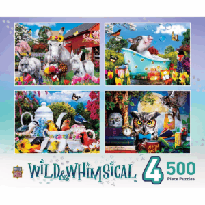 Masterpieces Wild & Whimsical 4 Pack Jigsaw Puzzles - 500 Piece Animal Puzzle Set
