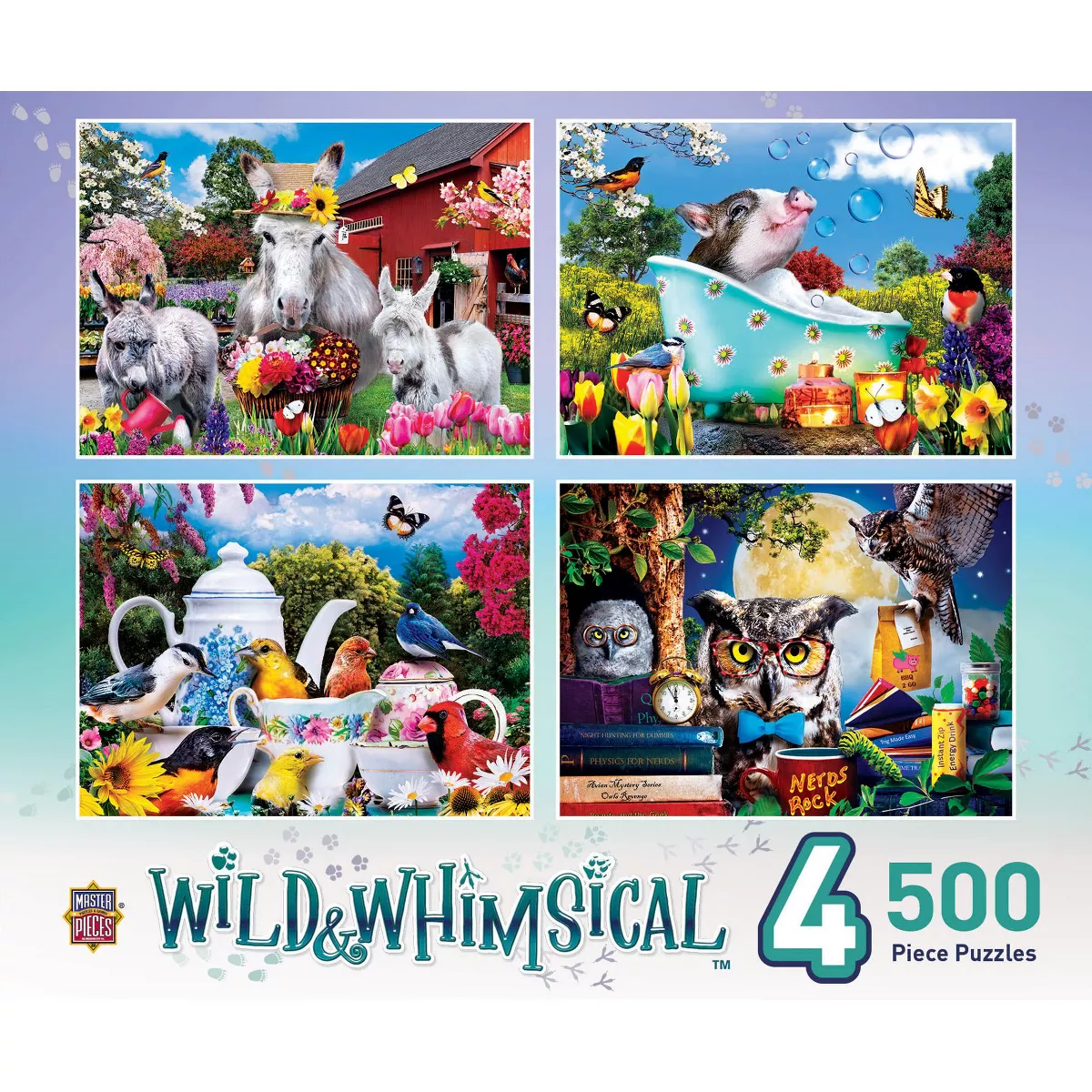 Masterpieces Wild & Whimsical 4 Pack Jigsaw Puzzles - 500 Piece Animal Puzzle Set