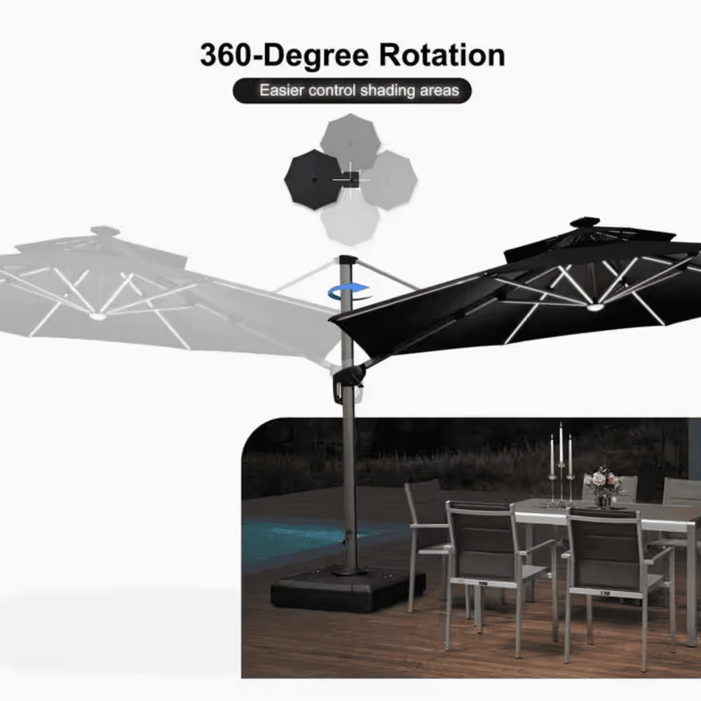 12 Ft. Octagon Aluminum Solar Powered LED Patio Cantilever Offset Umbrella with Base, Gray - Image 9