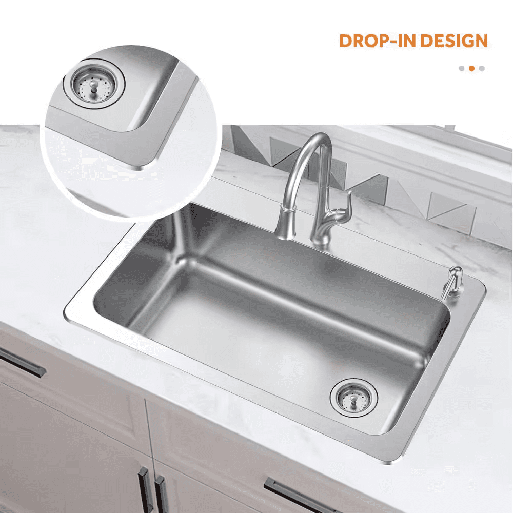 33 In. Drop-In Single Bowl 18 Gauge Stainless Steel Kitchen Sink with Pull-Down Faucet - Image 4