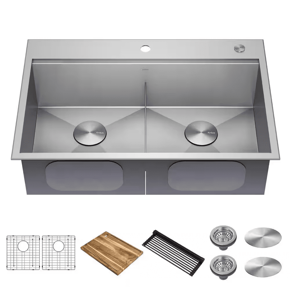 Loften 33 In. Drop-In/Undermount Double Bowl 18 Gauge Stainless Steel Kitchen Workstation Sink with Accessories