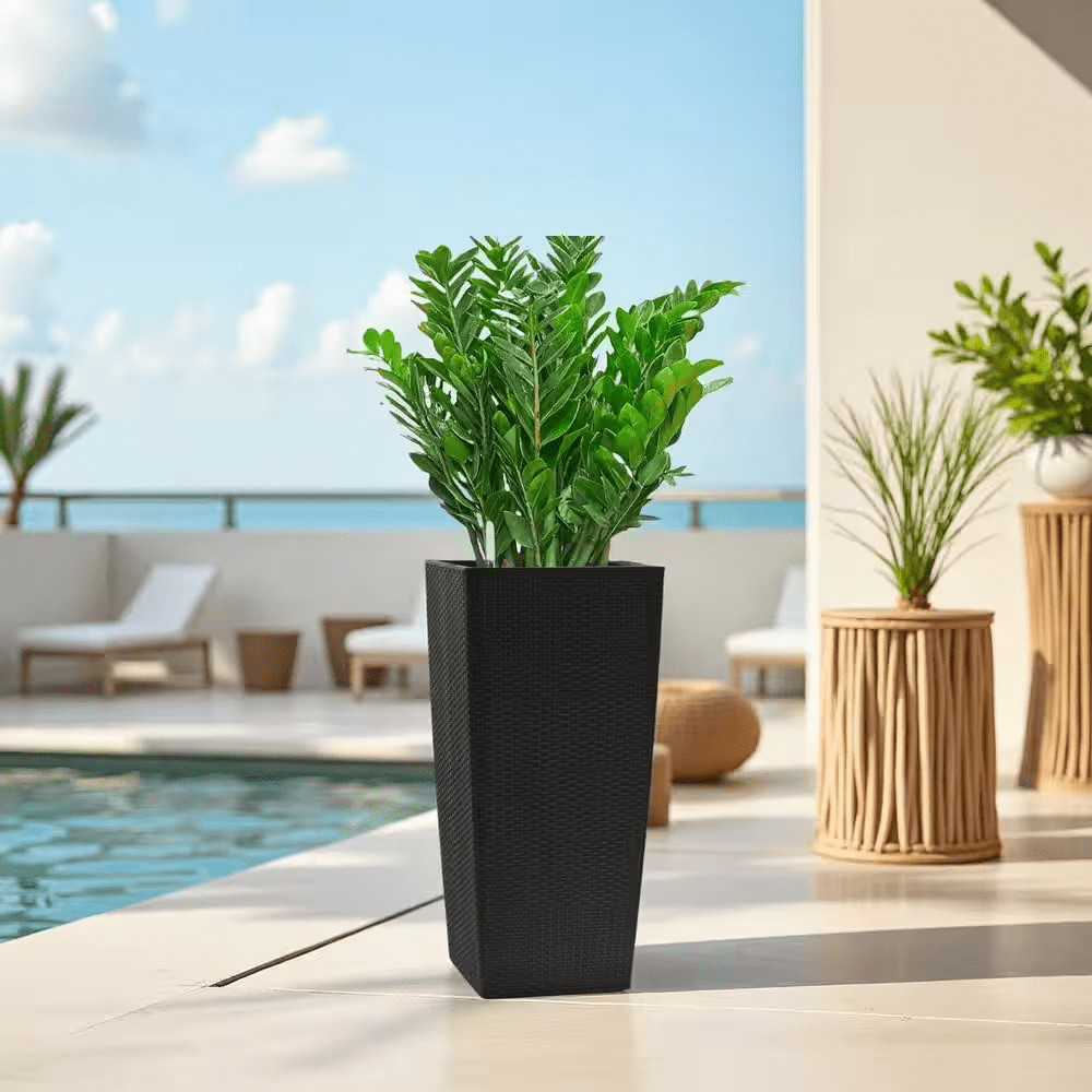Large 30.12 In. H Black Faux Rattan Outdoor Flower Pot with Self-Watering Drainage Holes&Inner Trays, Plastic Planter - Image 3