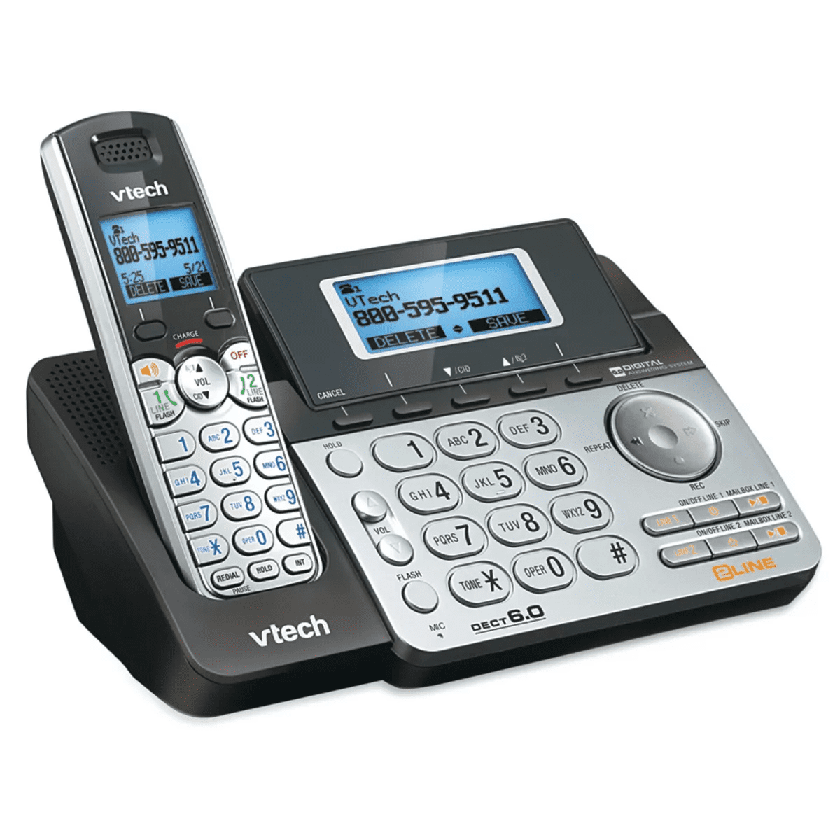 Vtech® 2-Line 1-Handset DECT 6.0 Expandable Cordless Phone System for Landline, Dual Digital Answering System, Speakerphone, and Dual Keypad in Black - Image 2