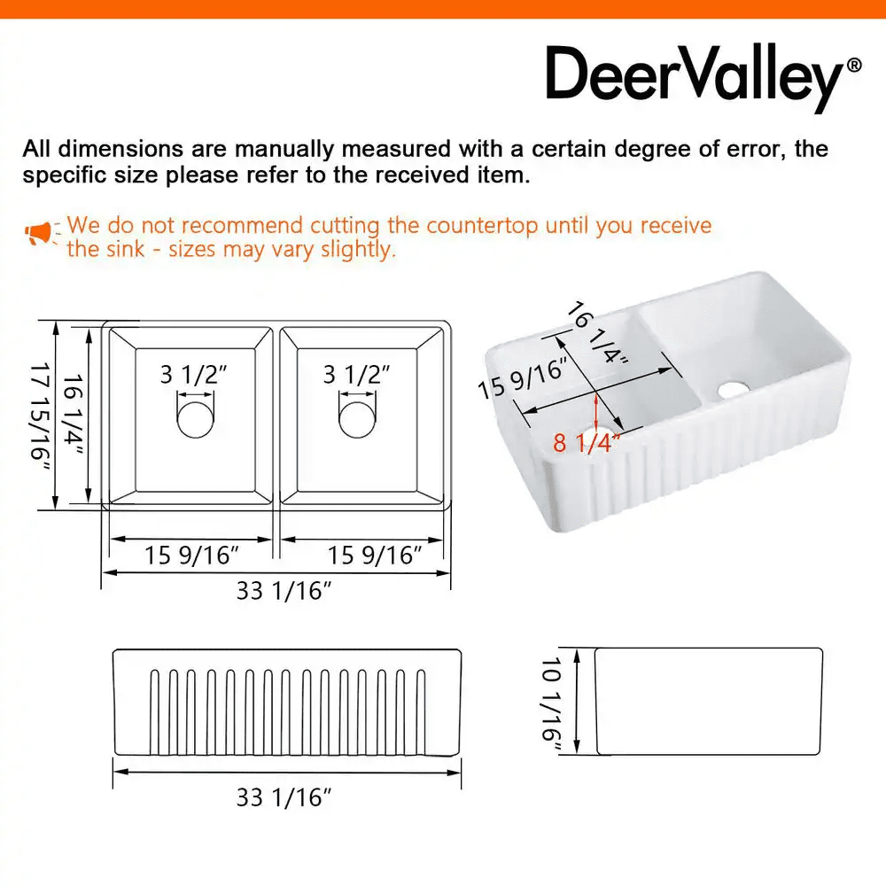 Eclipse White Ceramic 33 In. L 50/50 Rectangular Double Basin Farmhouse Apron Kitchen Sink with Grid and Strainer - Image 3