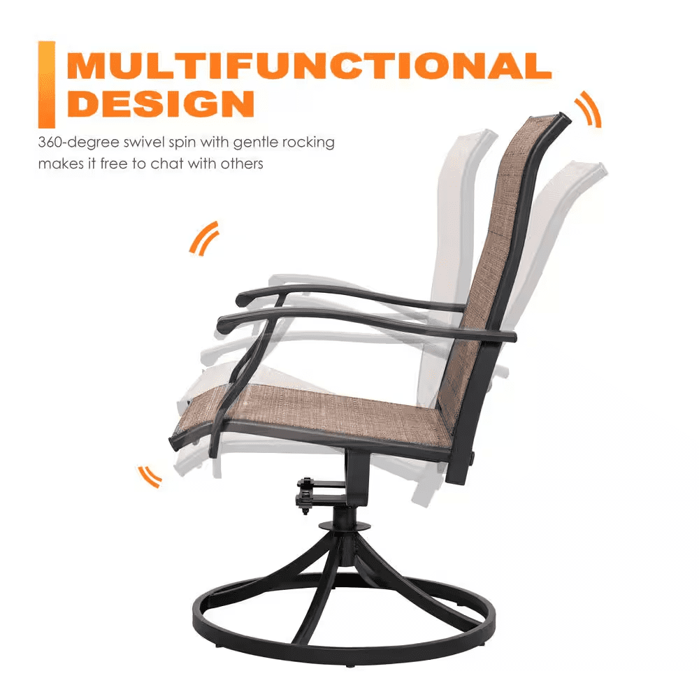5-Piece Steel Sling Outdoor Patio Dining Set with Square Table and Swivel Dining Chairs in Brown - Image 9