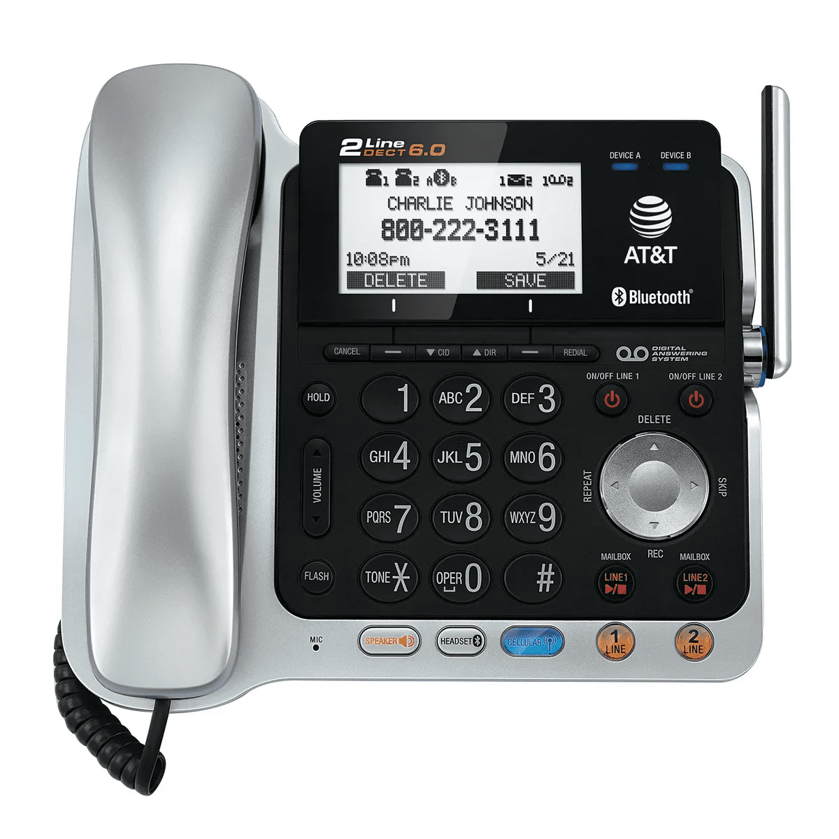 AT&T® 2-Line 2-Handset DECT 6.0 Expandable Cordless Phone System for Landline, Answering System, Bluetooth® Connect to Cell, and Caller ID in Black - Image 6