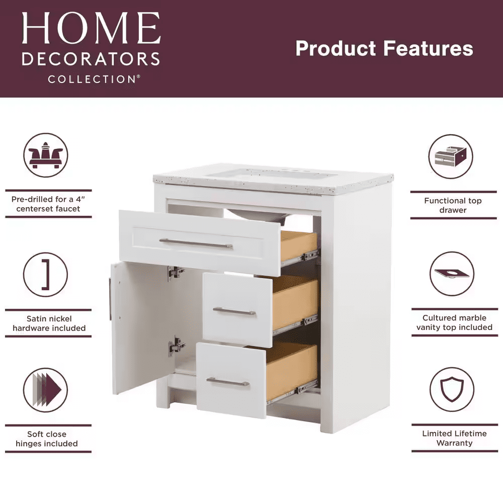 Clady 31 In. Single Sink White Bath Vanity with Silver Ash Cultured Marble Top (Assembled) - Image 3