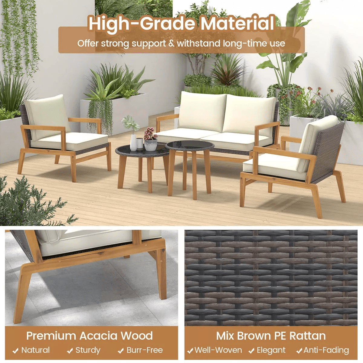 Costway 5 Piece Rattan Furniture Set Wicker Woven Sofa Set with Solid Acacia Wood Frame - Image 8