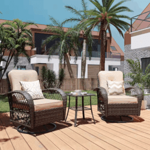 3-Piece Brown Wicker 360° Patio Conversation Outdoor Rocking Chair Set with Beige Cushions