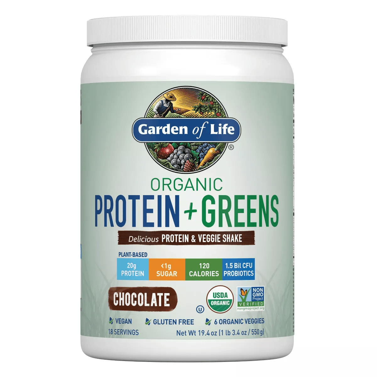 Garden of Life Organic Vegan Protein + Greens Plant Based Shake Mix Powder - Chocolate - 19.4Oz