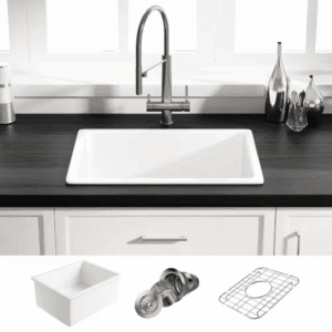 Oslo 24 In. Undermount Single Bowl White Ceramic Kitchen Sink with Bottom Grid and Basket Strainer
