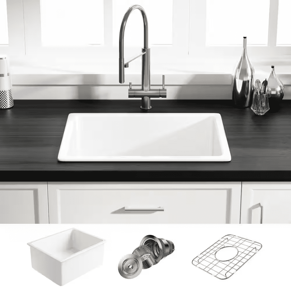 Oslo 24 In. Undermount Single Bowl White Ceramic Kitchen Sink with Bottom Grid and Basket Strainer