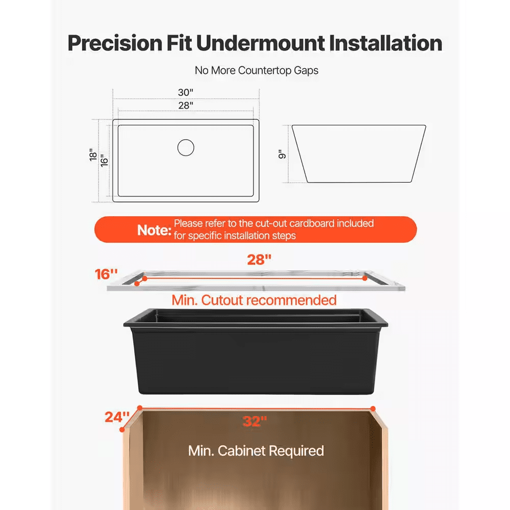 30 In. Undermount/Drop-In Granite Kitchen Sink Workstation Quartz and Resin Single Bowl W/ Accessories Black 2025 Update - Image 5